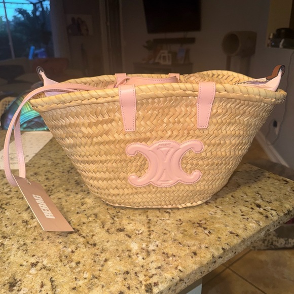 Authentic Celine Triomphe Pink and Tan Straw Tote - Picture 1 of 6